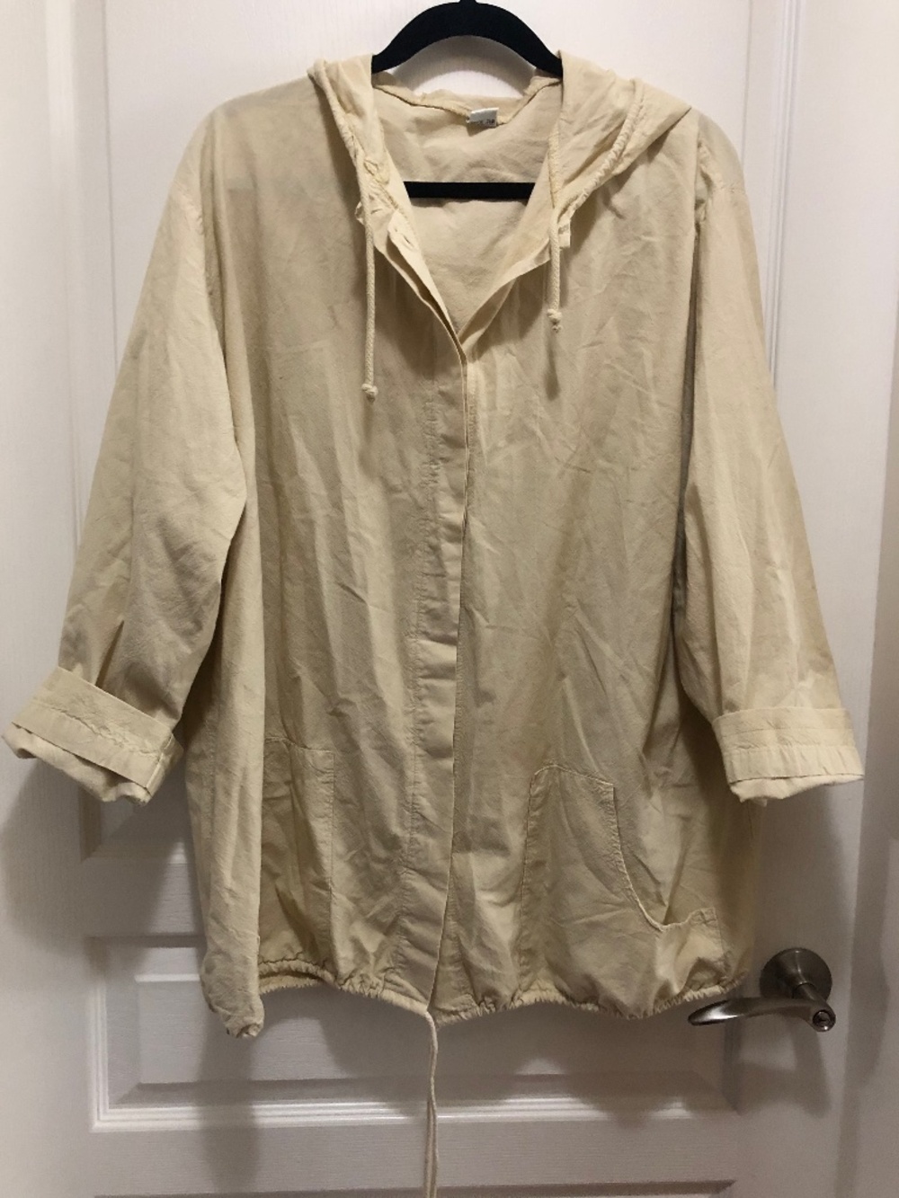 Large cotton women’s jacket with hood and pockets made in Greece creamy yellow